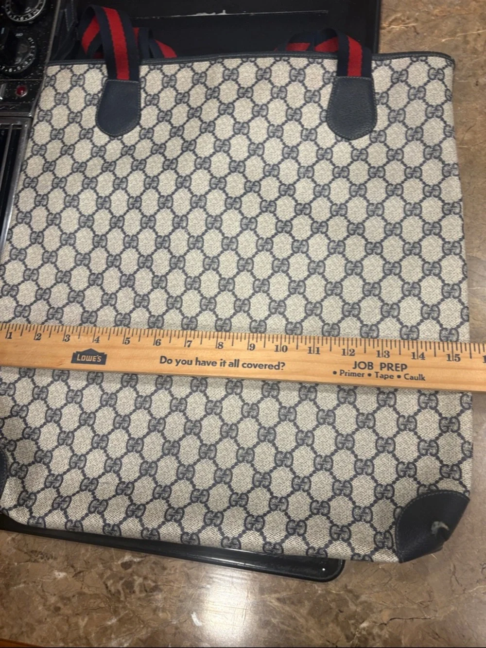 Gucci Navy & Red Monogram Canvas Tote - Picture 3 of 5